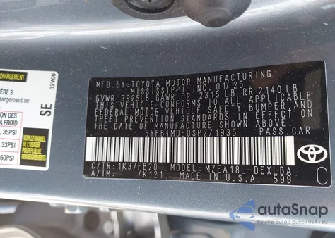 2025 Toyota Corolla Le z USA, uszkodzony, nr VIN 5YFB4MDE0SP271935